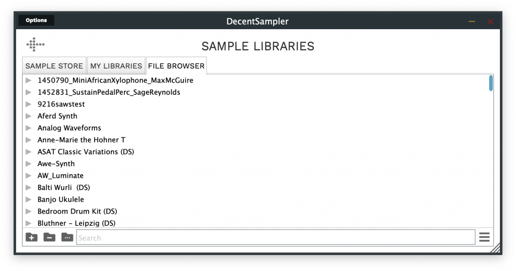The Decent Sampler File Browser tab