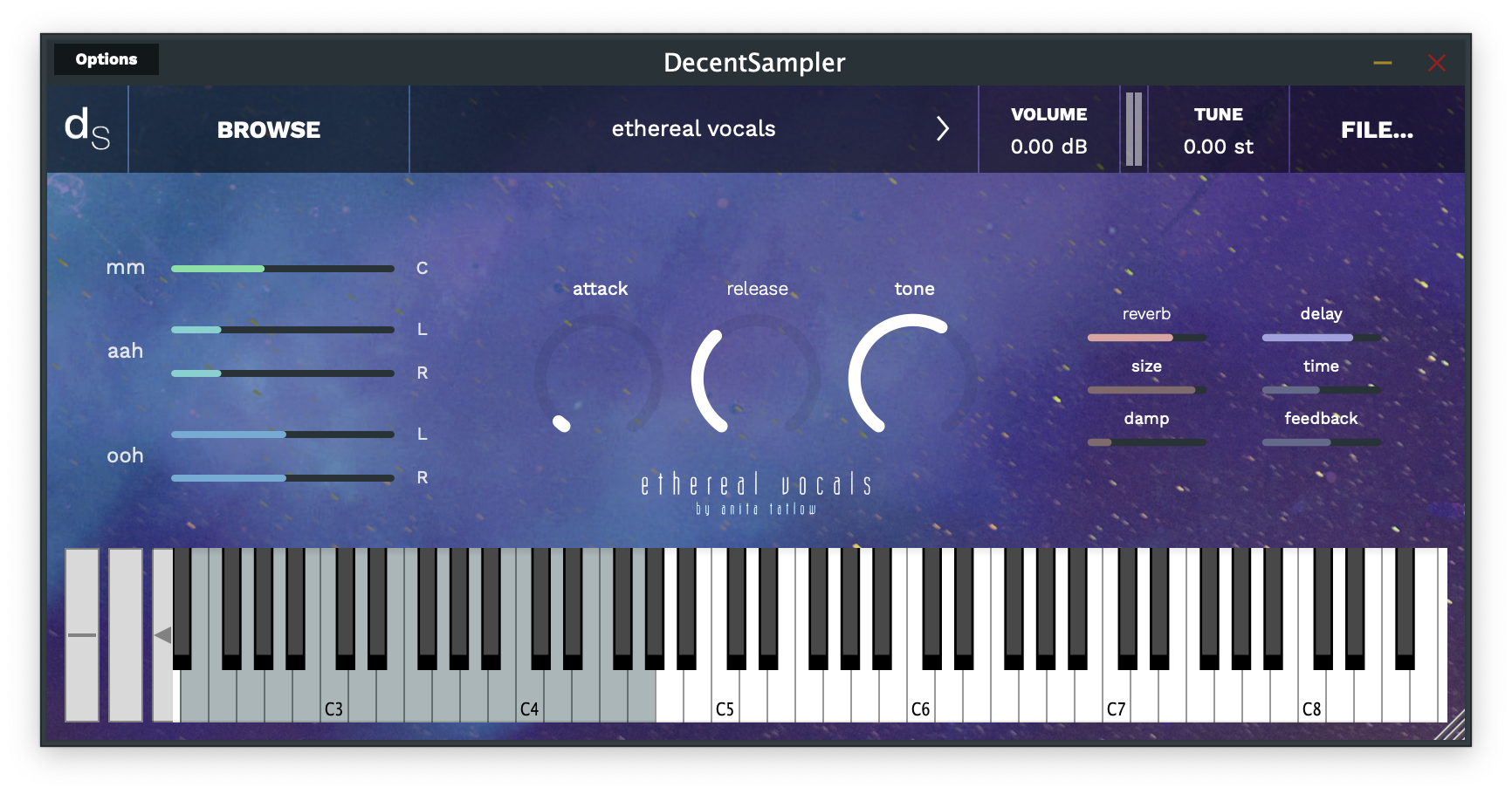 User interface for "ethereal vocals" sample library