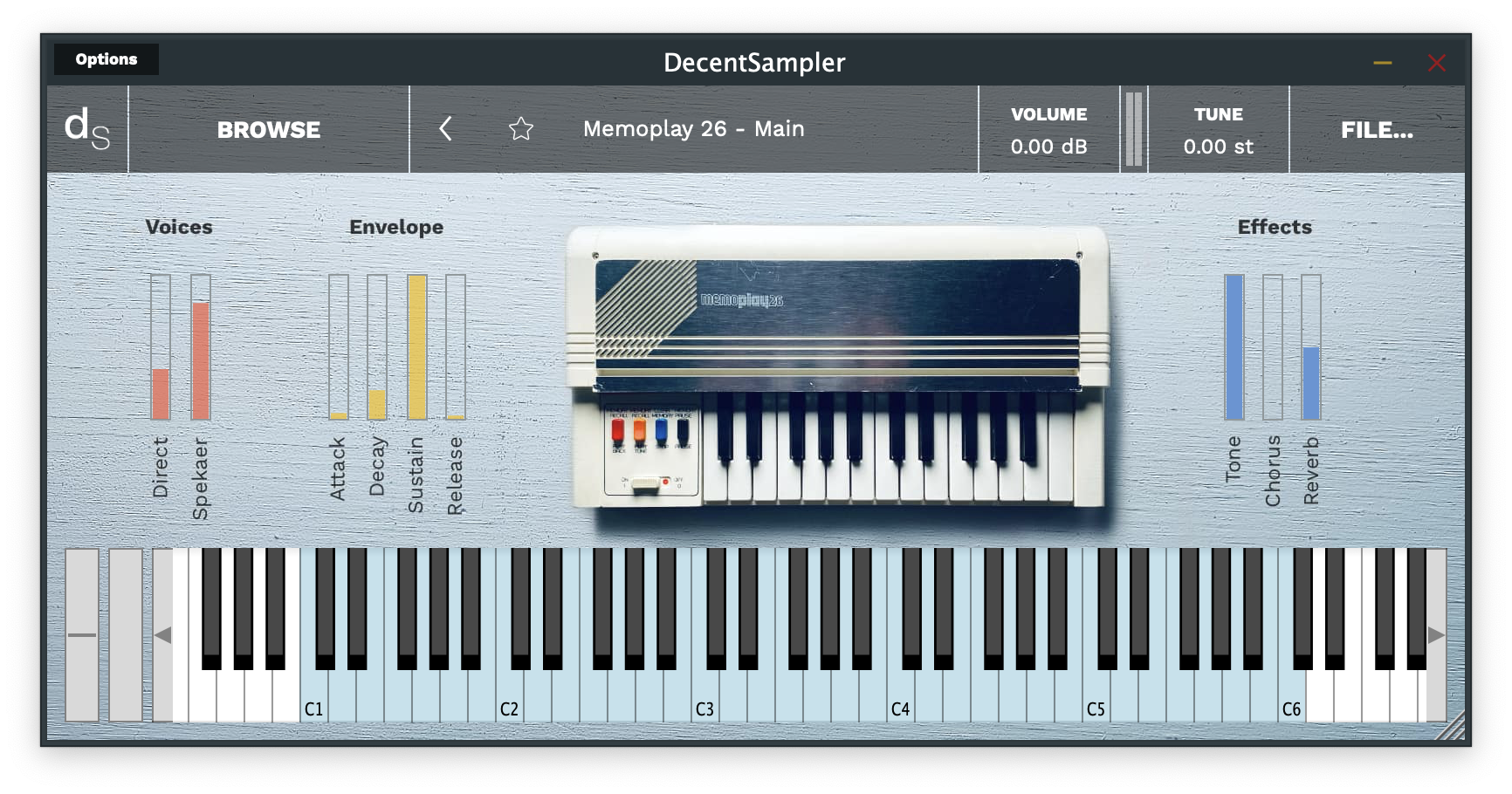 Screenshot of the Bontempi Memoplay 26 sample library user interface