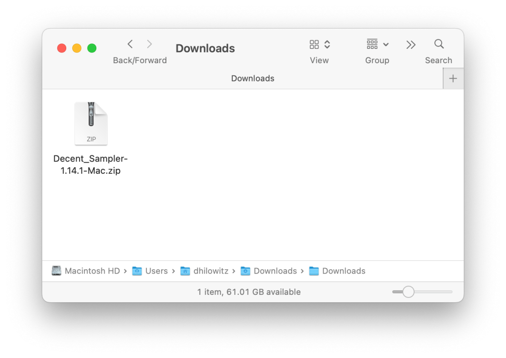 A Macintosh Downloads folder window showing one file: Decent_Sampler-1.14.1-Mac.zip
